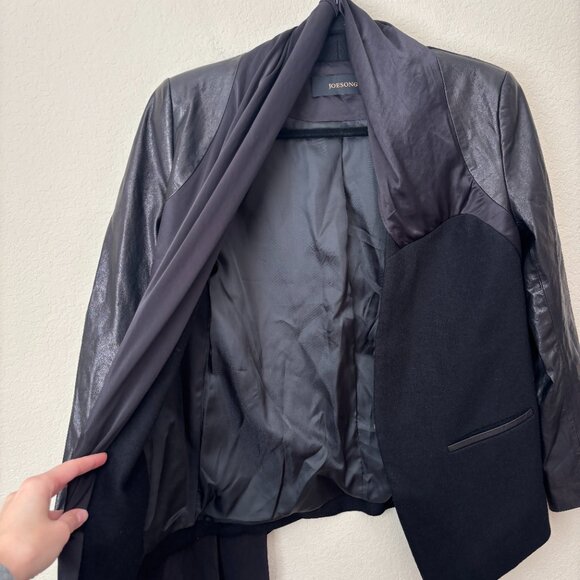 Leather Accented Satin Draped Mixed Media Modern Jacket - Picture 9 of 11